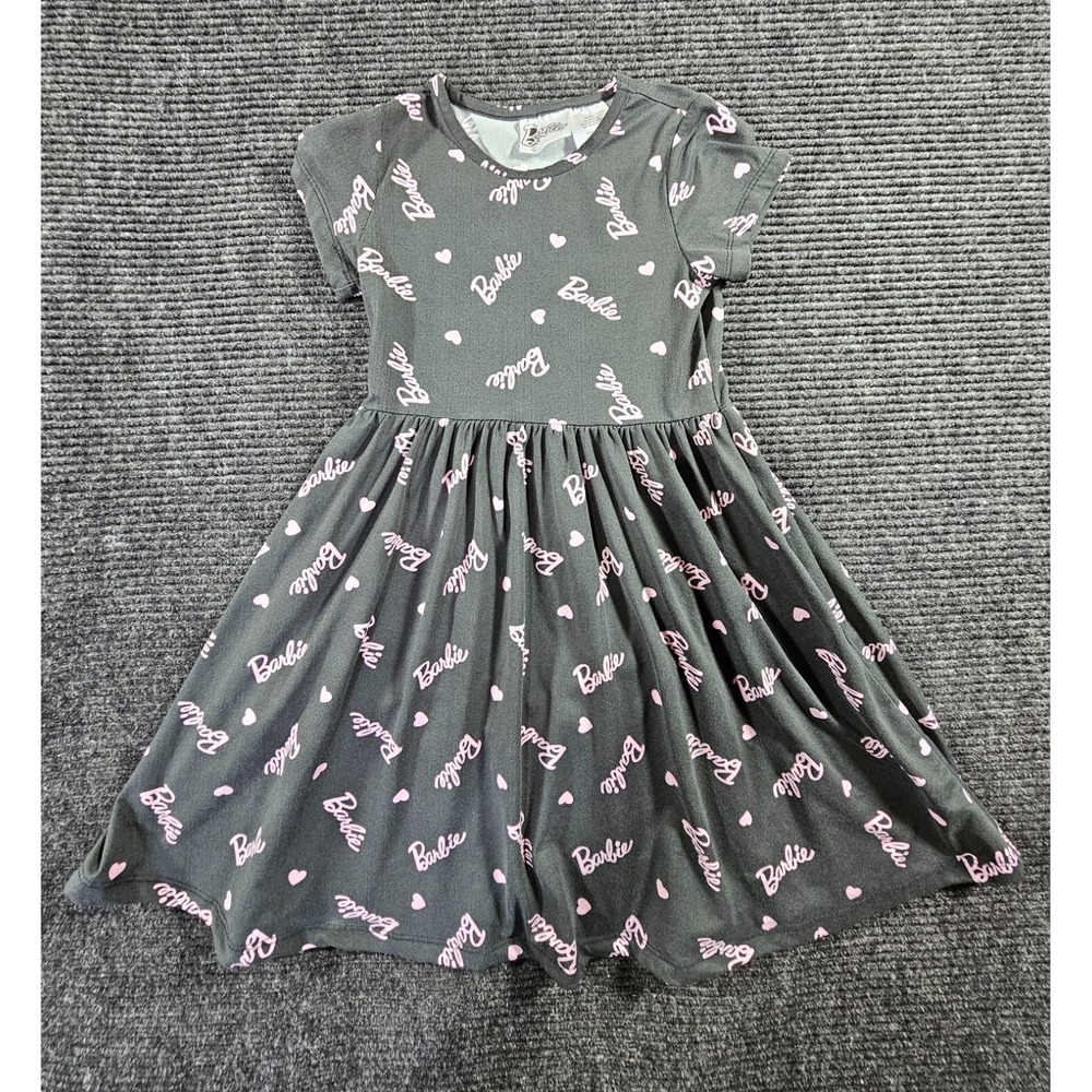 Barbie Skater Dress Girl's 7 Black All-Over Signature Logo Pleated Round Neck